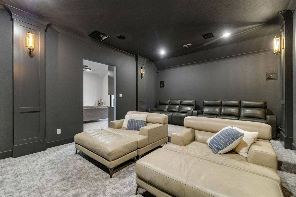 1561 Saint Peter, Prosper, TX 75078 Recessed lighting illuminating the dark ceiling, wall sconces with gold-toned accents, and paneled walls in a deep gray finish