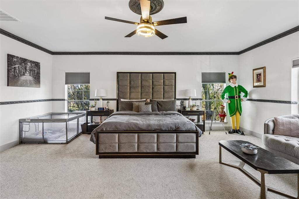 3706 Castle Drive, Rowlett, TX 75089 Recessed lighting, ceiling fan with ornate medallion, crown molding, double windows, and carpet flooring
