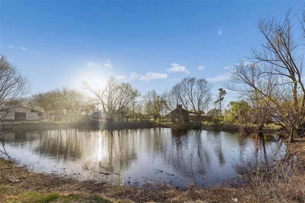 3706 Castle Drive, Rowlett, TX 75089 Pond with surrounding trees and a structure in the background