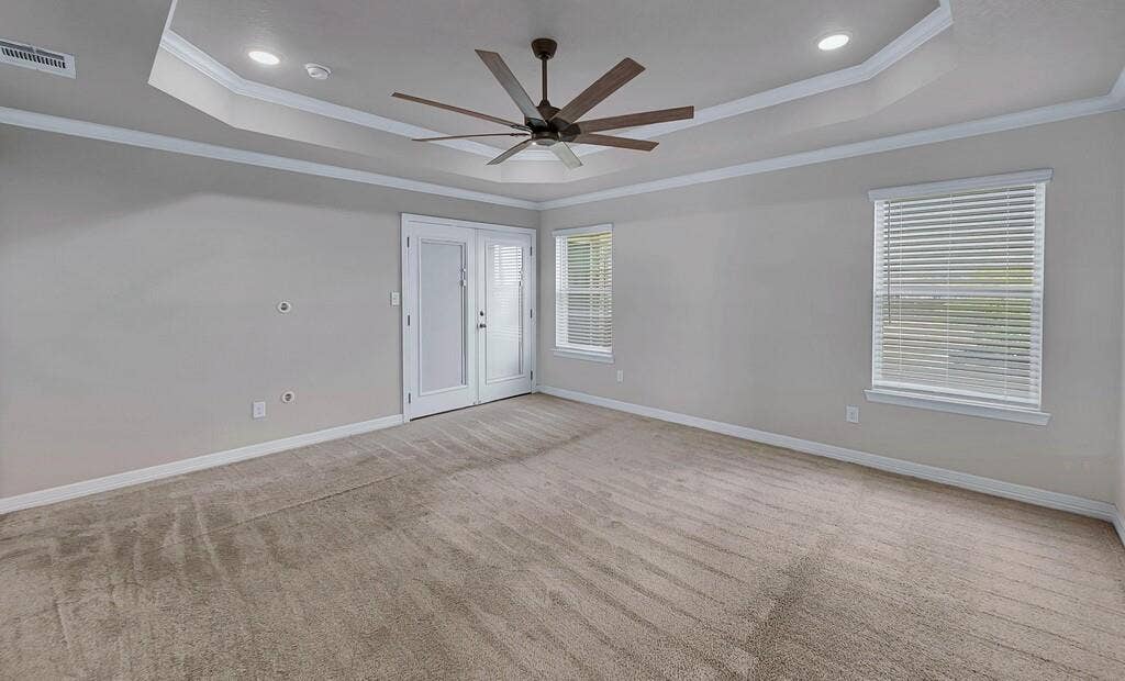 279 Sportsman Drive, Lorena, TX 76655 Recessed lighting, tray ceiling, ceiling fan, carpeted flooring, and a pair of French doors