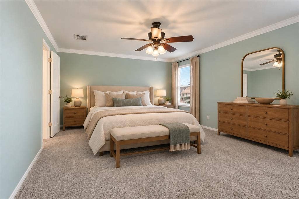 800 Poncho Lane, Fort Worth, TX 76052 Wall-to-wall carpeting, crown molding, and a ceiling fan with integrated lighting