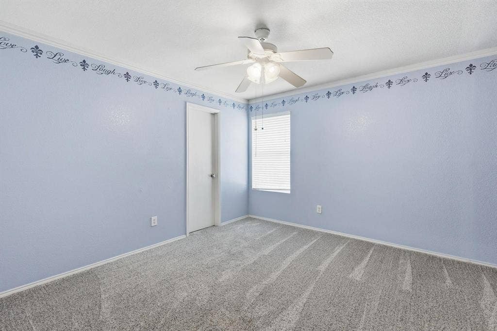 800 Poncho Lane, Fort Worth, TX 76052 Bright secondary bedroom featuring soft periwinkle walls, decorative border trim, neutral carpet flooring, ceiling fan with integrated lighting, and abundant natural light from a large window with blinds