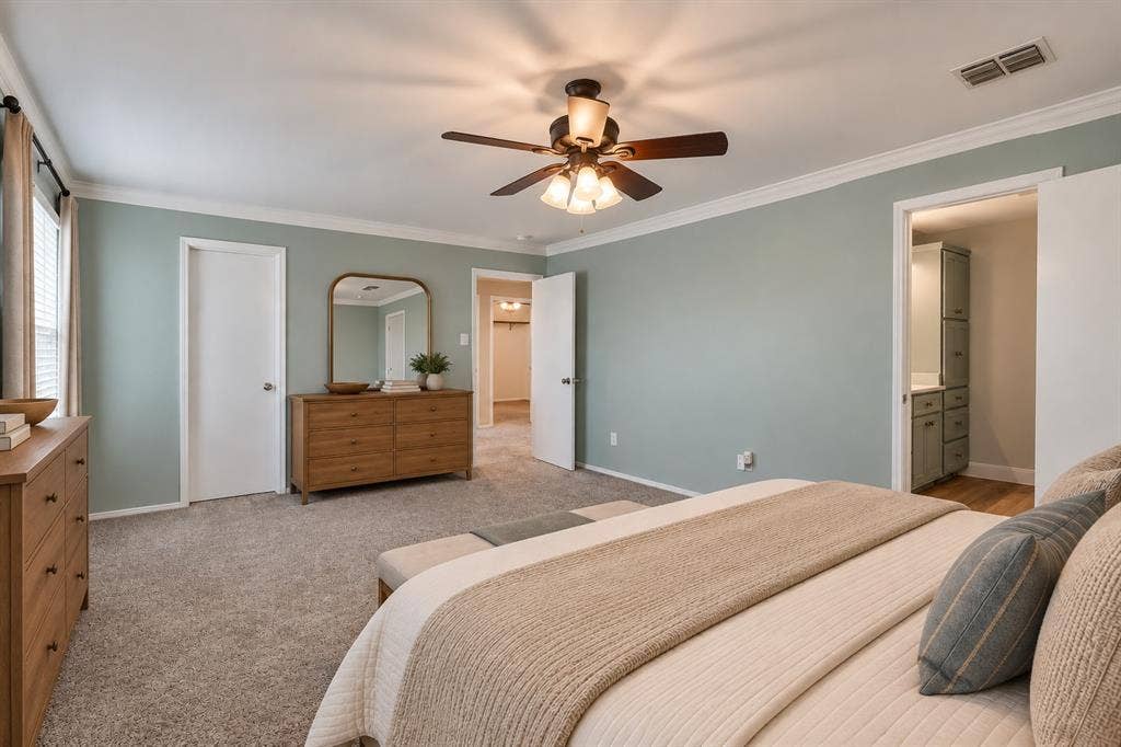 800 Poncho Lane, Fort Worth, TX 76052 Ceiling fan with integrated lighting, crown molding, double window, and carpeted flooring