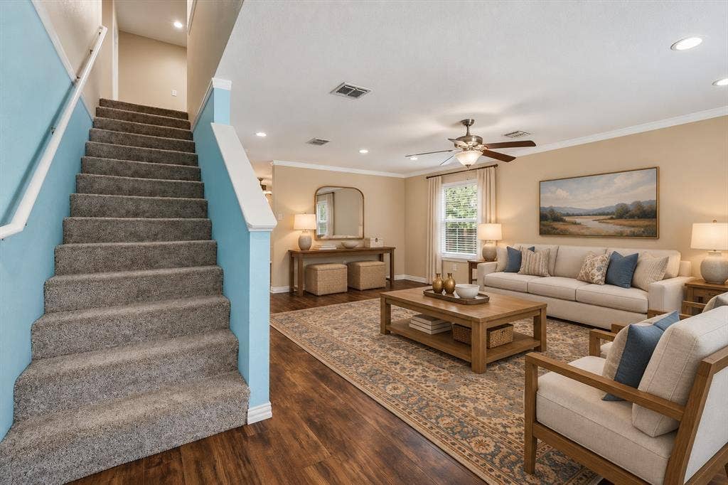 800 Poncho Lane, Fort Worth, TX 76052 Open-concept living area with wood-finish flooring, a ceiling fan with integrated lighting, and recessed lighting