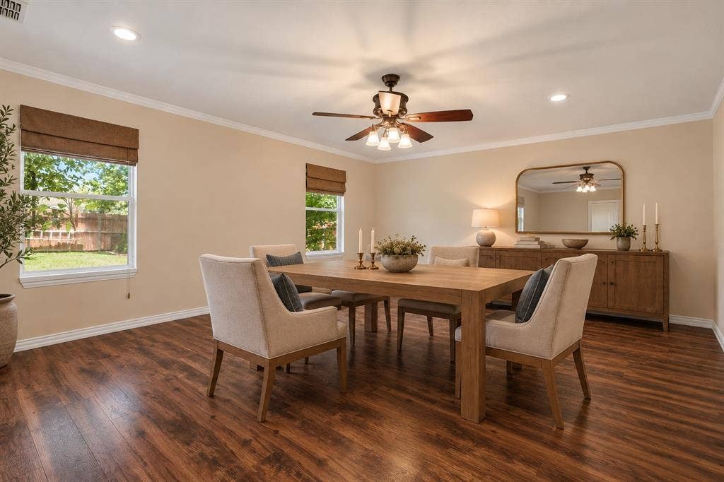 800 Poncho Lane, Fort Worth, TX 76052 Recessed lighting, crown molding, wood-finish flooring, and a ceiling fan with light fixture