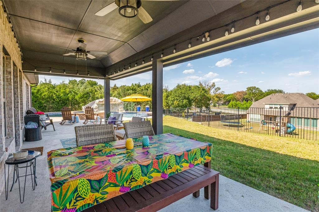 4601 Massey Meadows Way, Midlothian, TX 76065 Covered patio with ceiling fans, string lighting, and ample space for dining