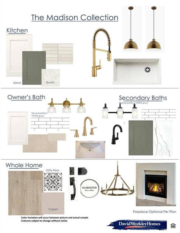 5047 Strait Way, Royse City, TX 75189 Interior Design Specification Sheet. The Madison Collection presenting finishes, fixtures, and furnishings organized by functional area including kitchen, owner's bath, secondary baths, and whole home selections with color variations and material samples