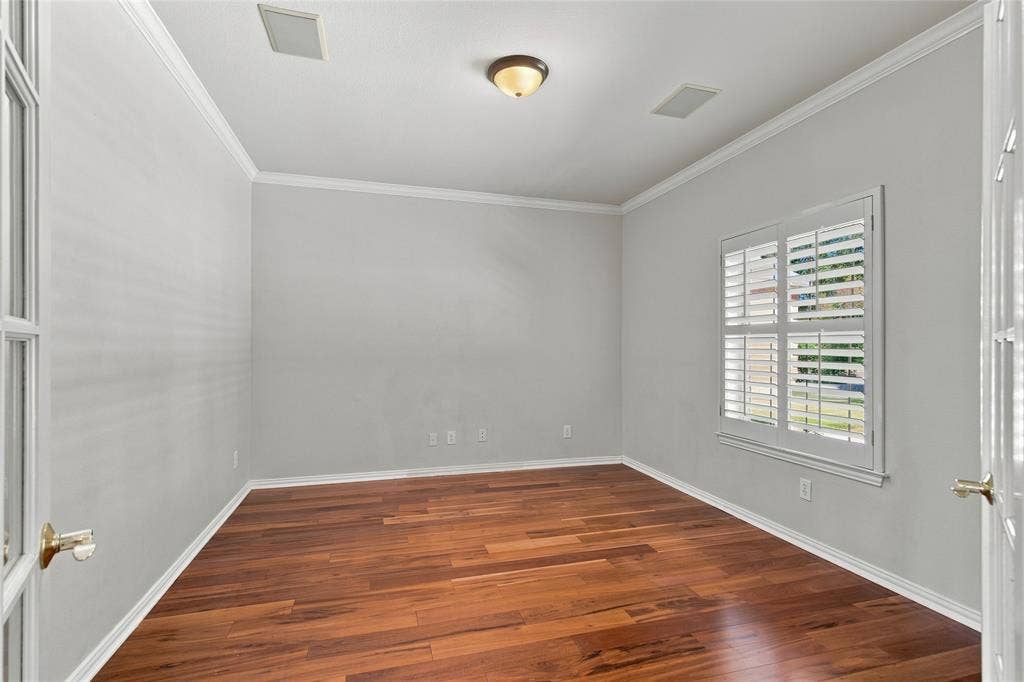 1820 Forest Bend Lane, Keller, TX 76248 Office or optional bedroom with crown molding, white trim, recessed lighting, and a flush mount light fixture.