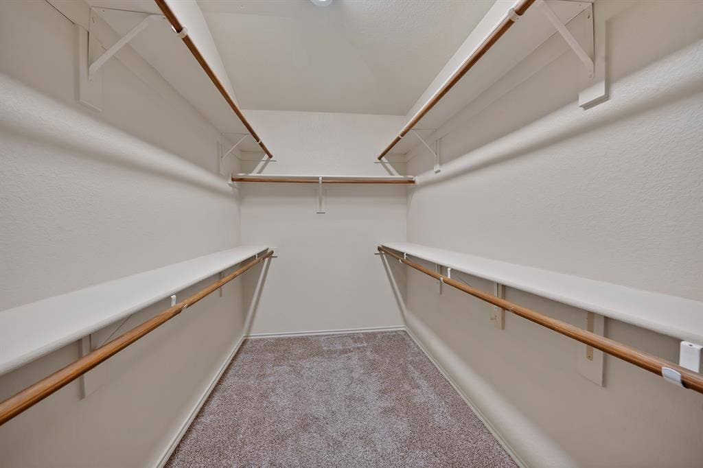 Walk-in closet featuring carpet flooring, built-in shelving, and multiple clothing rods