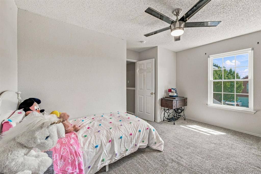 6913 Chaco Trail, Fort Worth, TX 76137 Light gray textured carpeting, white painted walls, and a multi-pane window