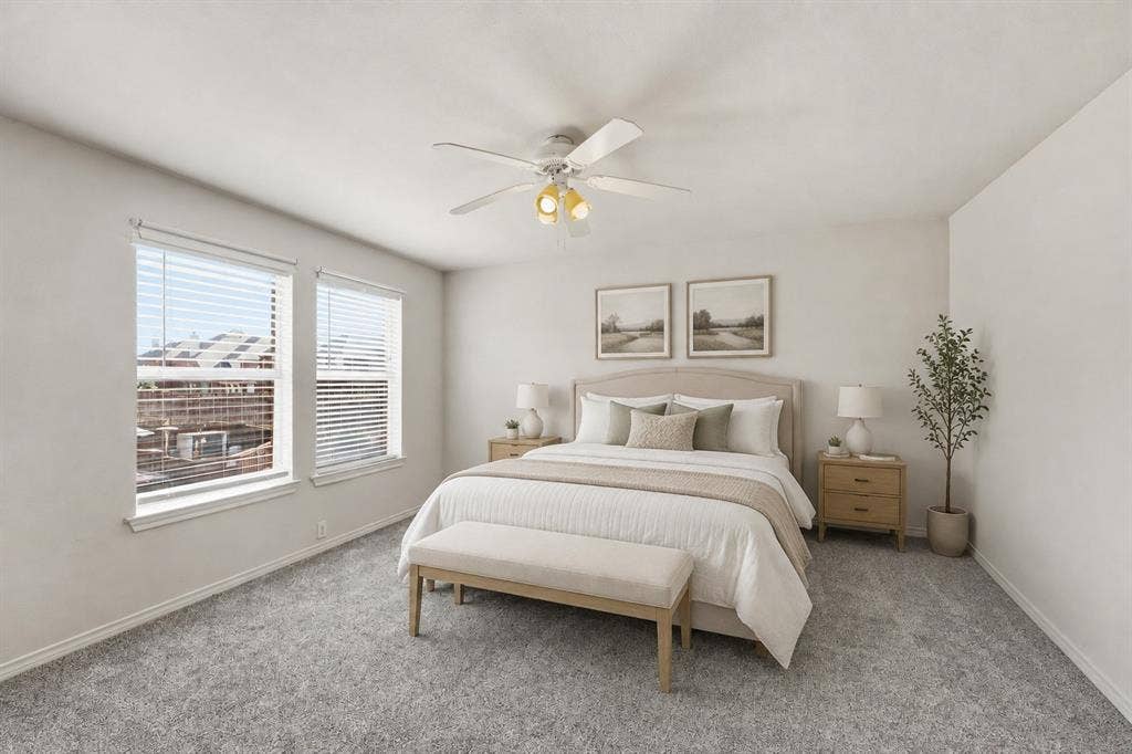 7449 Danbridge Lane, Frisco, TX 75035 *Virtually staged* Spacious primary bedroom with fresh paint, new carpet, and plenty of natural light.