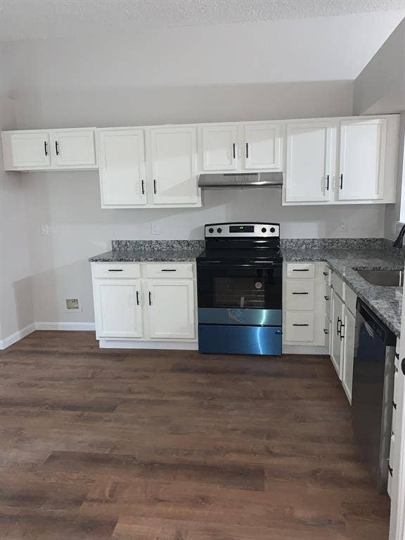 120 Plumthicket Lane, Trinidad, TX 75163 White cabinetry, stainless steel range, built-in dishwasher, wood-finish flooring, and light-toned countertops