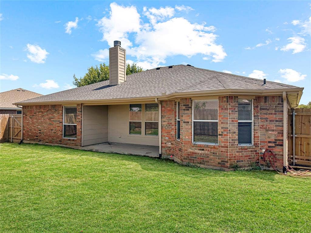 3457 Newgate Street, Midlothian, TX 76065 Rear view of property featuring a chimney, roof with shingles, a patio, and brick siding