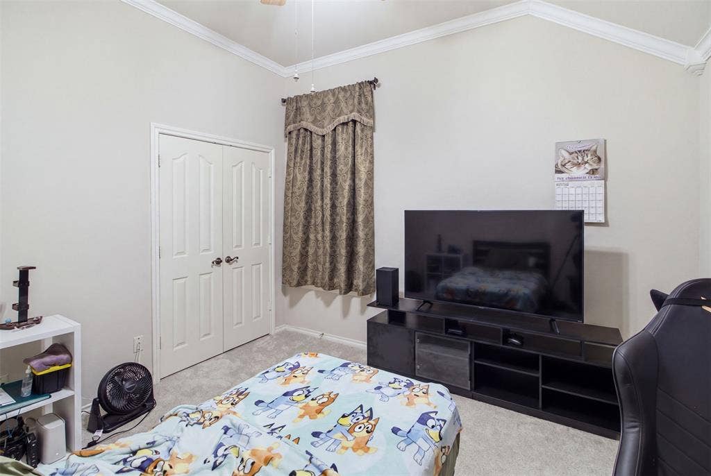 1112 Badbury Lane, Grand Prairie, TX 75052 Vaulted ceiling with crown molding, light-toned carpeting, and a double-door closet