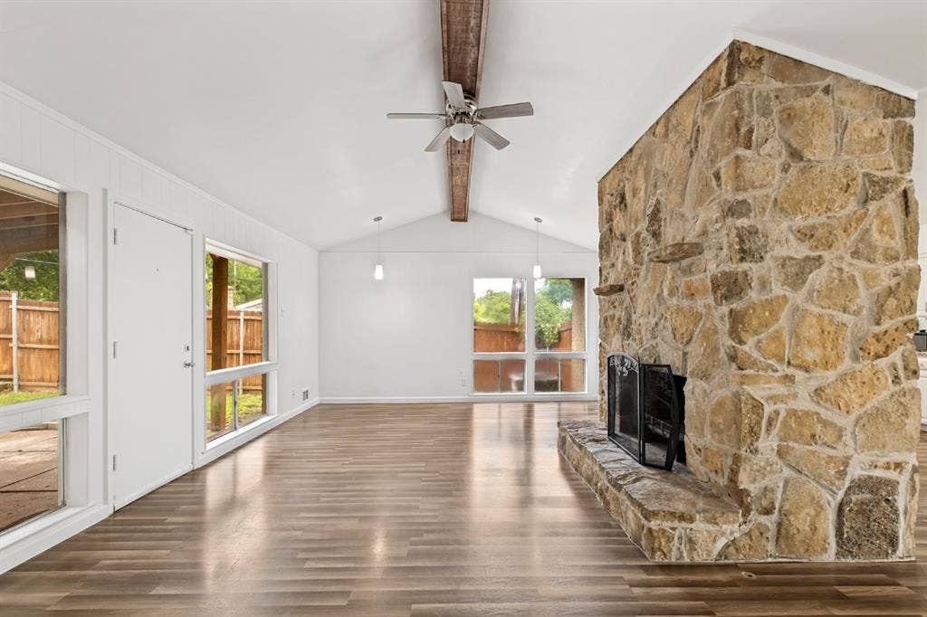 4315 Woodstock Drive, Dallas, TX 75232 Vaulted ceiling featuring a wood beam and ceiling fan