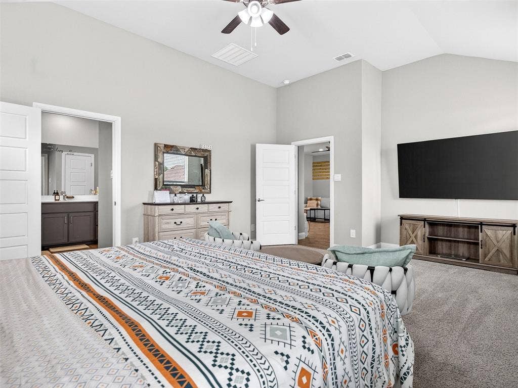 2504 Wren Lane, Denton, TX 76205 Vaulted ceiling with a ceiling fan, light gray wall paint, gray carpeting, and a built-in vanity with dark wood cabinetry