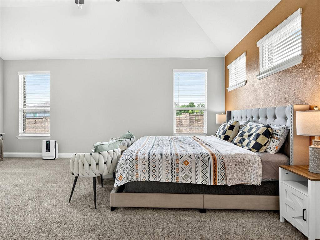 2504 Wren Lane, Denton, TX 76205 Vaulted ceiling, textured accent wall, light-colored carpet, multiple windows, and a built-in ceiling light fixture