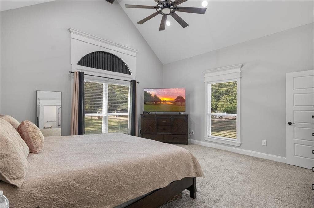 16136 County Road 1134=, Tyler, TX 75709 Vaulted ceiling with a ceiling fan, carpeted flooring, and multiple windows with trim