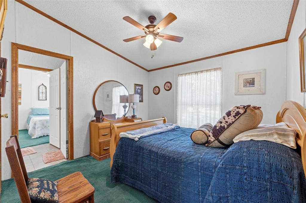 18404 Pine Drive, Eustace, TX 75124 Spacious bedroom featuring wood-finish trim, a ceiling fan with integrated lighting, and a large window with privacy coverings