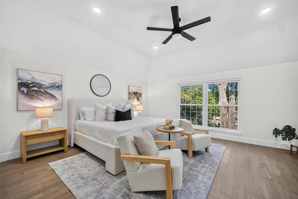 3041 Hillingdon Drive, Richardson, TX 75082 Vaulted ceiling, recessed lighting, wood-finish flooring, ceiling fan, and large window