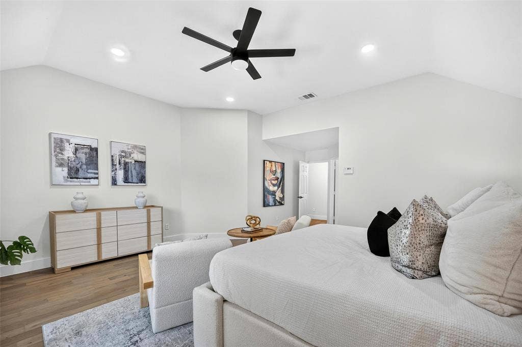 3041 Hillingdon Drive, Richardson, TX 75082 Vaulted ceiling with recessed lighting and a ceiling fan