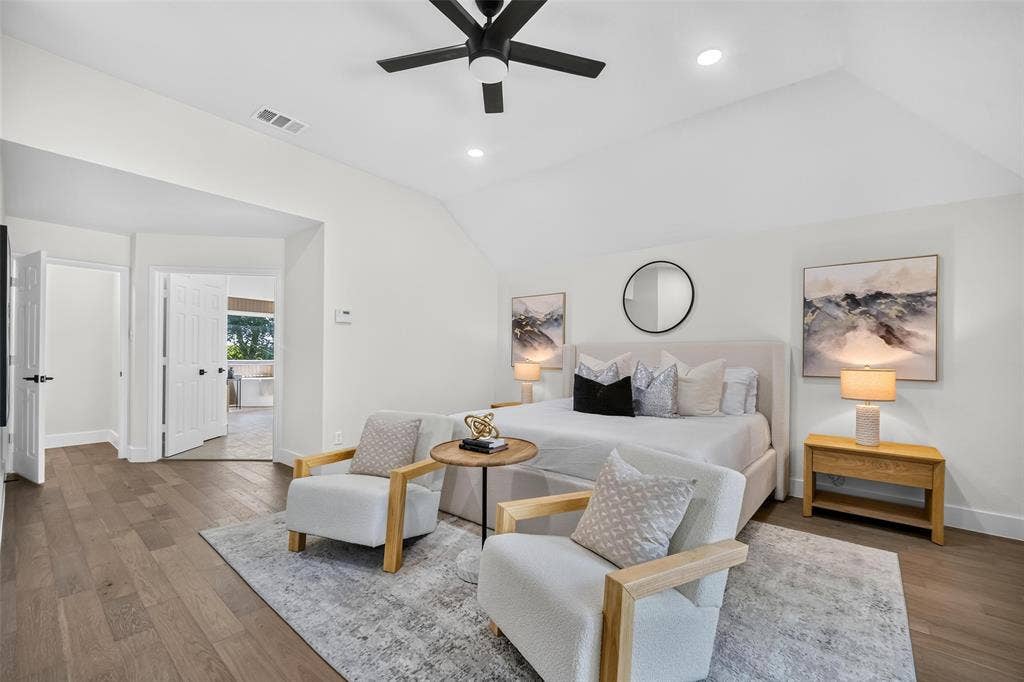 3041 Hillingdon Drive, Richardson, TX 75082 Vaulted ceiling with recessed lighting, wood-finish flooring, white paneled doors, and a ceiling fan with integrated lighting