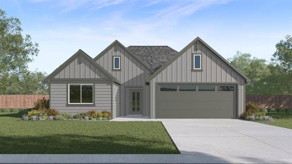 181 Brooks Street, Bullard, TX 75757 Contemporary exterior with vertical board and batten siding, horizontal siding accents, an attached garage, landscaped front yard, and a concrete driveway