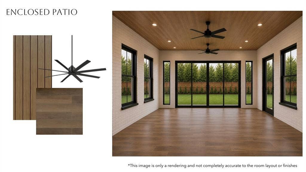 2412 Independence Drive, Anna, TX 75409 Wood-finish flooring, white brick-patterned walls, wood-paneled ceiling, recessed lighting, and black ceiling fans