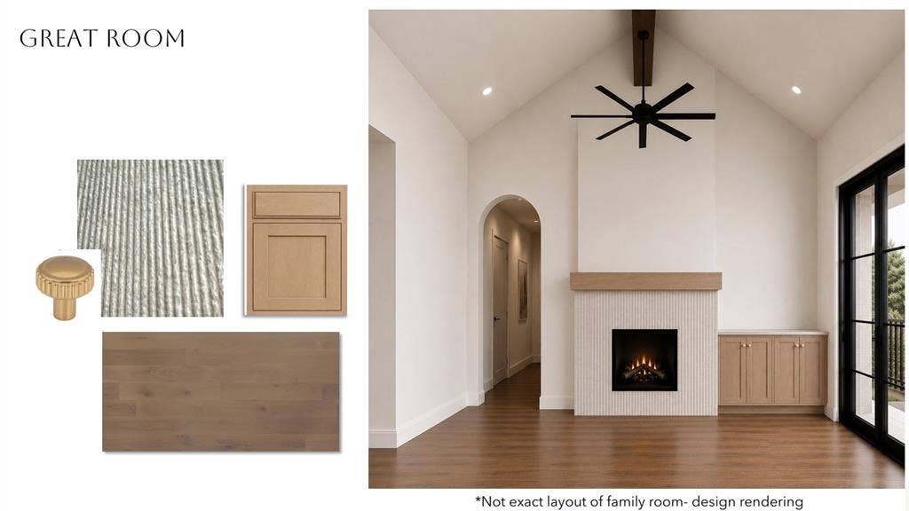 2412 Independence Drive, Anna, TX 75409 Vaulted ceiling, wood-finish flooring, built-in fireplace, integrated cabinetry, arched doorway