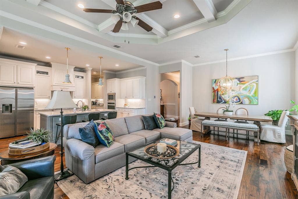 313 Elkhorn Trail, Keller, TX 76248 Tray ceiling with a ceiling fan, recessed lighting, and wood flooring