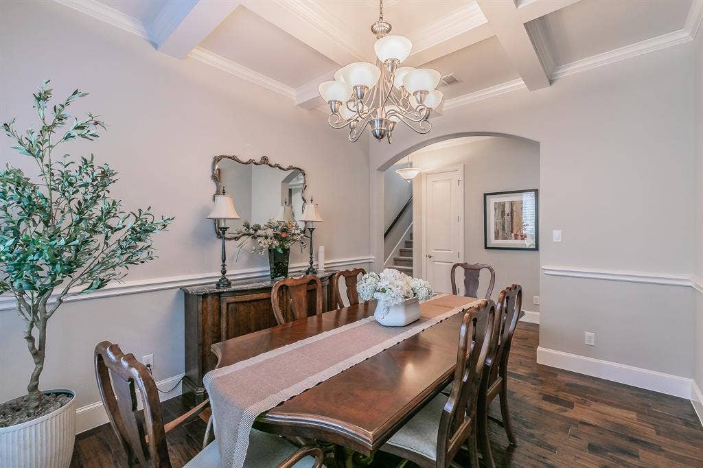 313 Elkhorn Trail, Keller, TX 76248 Coffered ceiling, decorative chandelier, wood flooring, and crown molding