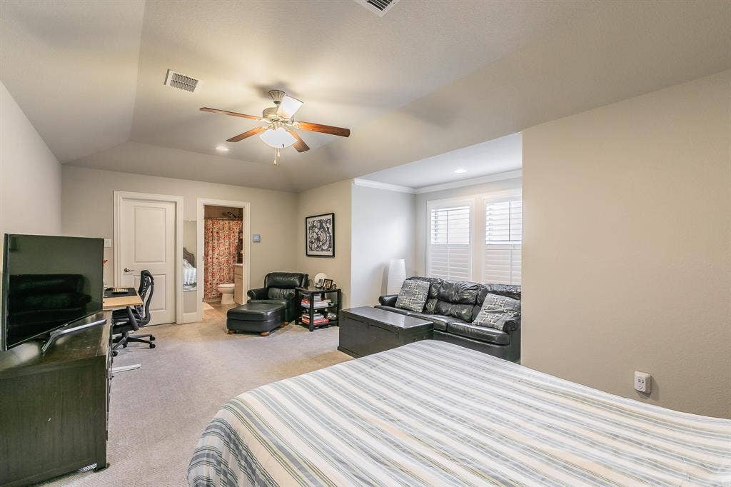 313 Elkhorn Trail, Keller, TX 76248 Carpeted interior with a ceiling fan, recessed lighting, and white plantation shutters