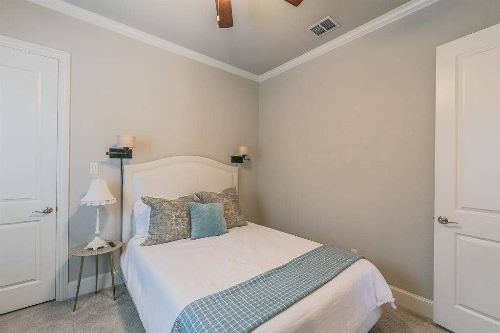 313 Elkhorn Trail, Keller, TX 76248 Crown molding, recessed lighting, ceiling fan, neutral wall color, and carpeted flooring