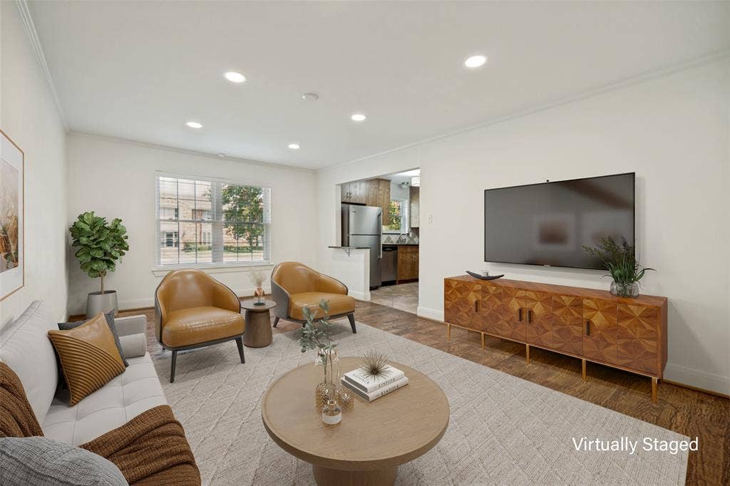 5818 E University Boulevard, #138, Dallas, TX 75206 Recessed ceiling lighting, wood-finish flooring, white walls, and a window with natural light