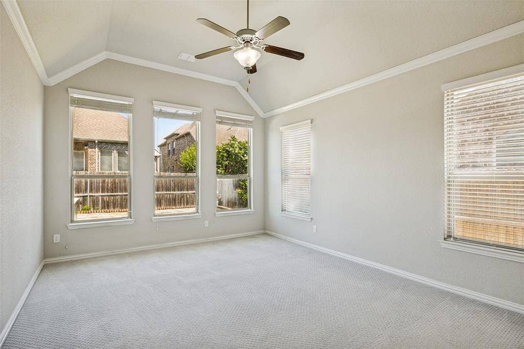 801 Feathering Way, Plano, TX 75074 Vaulted ceilings with crown molding, ceiling fan, and multiple windows with blinds