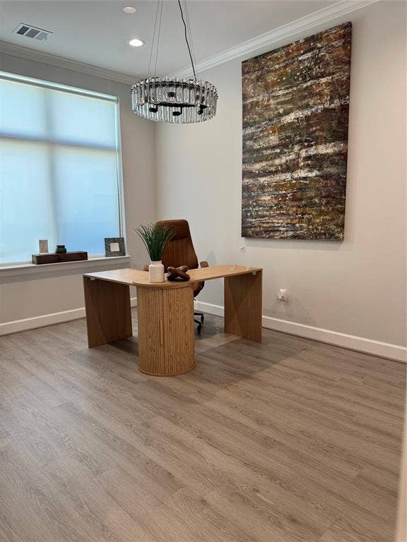 1630 W Prosper Trail, #930, Prosper, TX 75078 Crown molding, recessed lighting, wood-finish flooring, and a contemporary chandelier