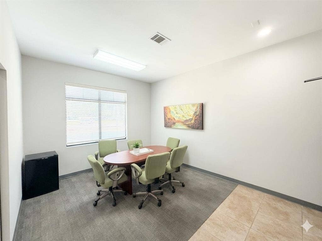 4512 Legacy Drive, #100, Plano, TX 75024 Recessed overhead lighting, window with horizontal blinds, carpet flooring, tile flooring, and gray baseboards