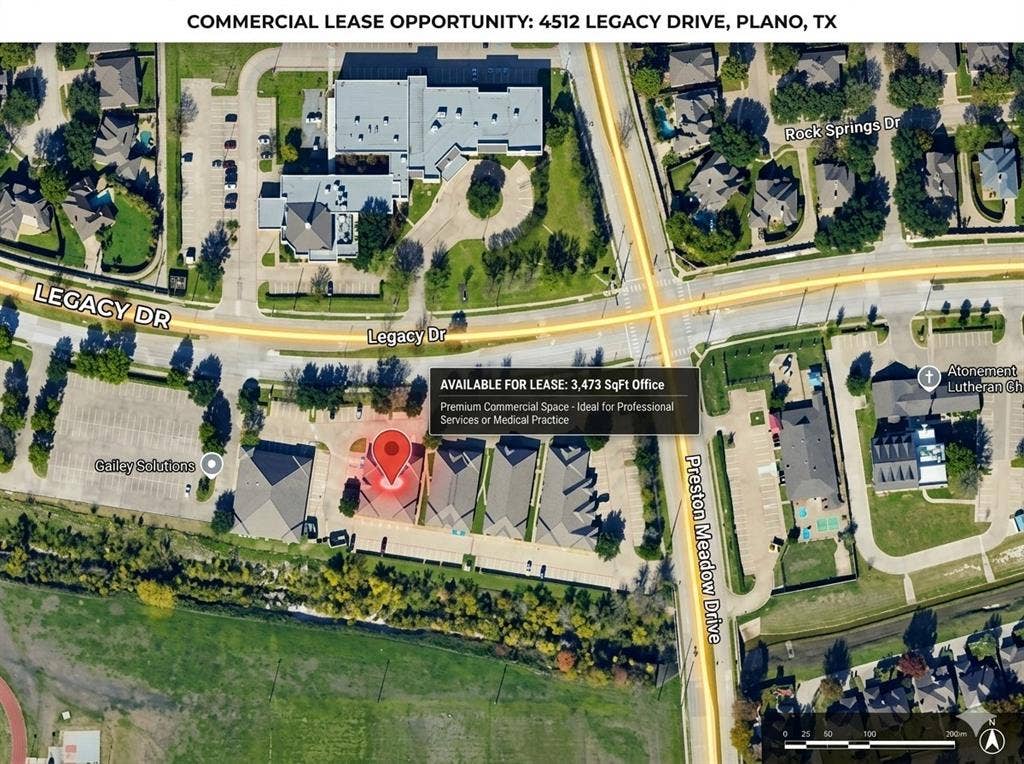 4512 Legacy Drive, #100, Plano, TX 75024 Commercial Lease Opportunity. Aerial view of the property at 4512 Legacy Drive, Plano, TX, indicating available lease space and surrounding roads