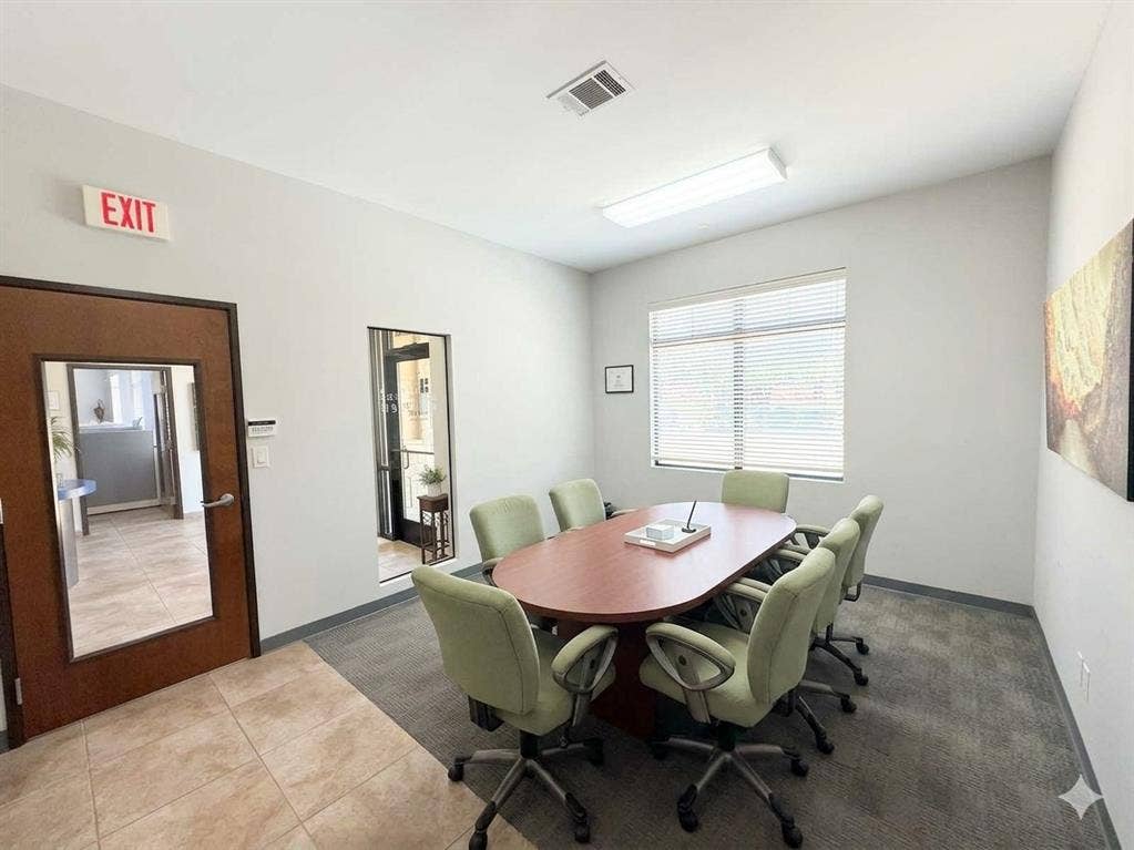 4512 Legacy Drive, #100, Plano, TX 75024 Recessed lighting, wood-finish door, tile flooring, window with blinds, and carpeted area