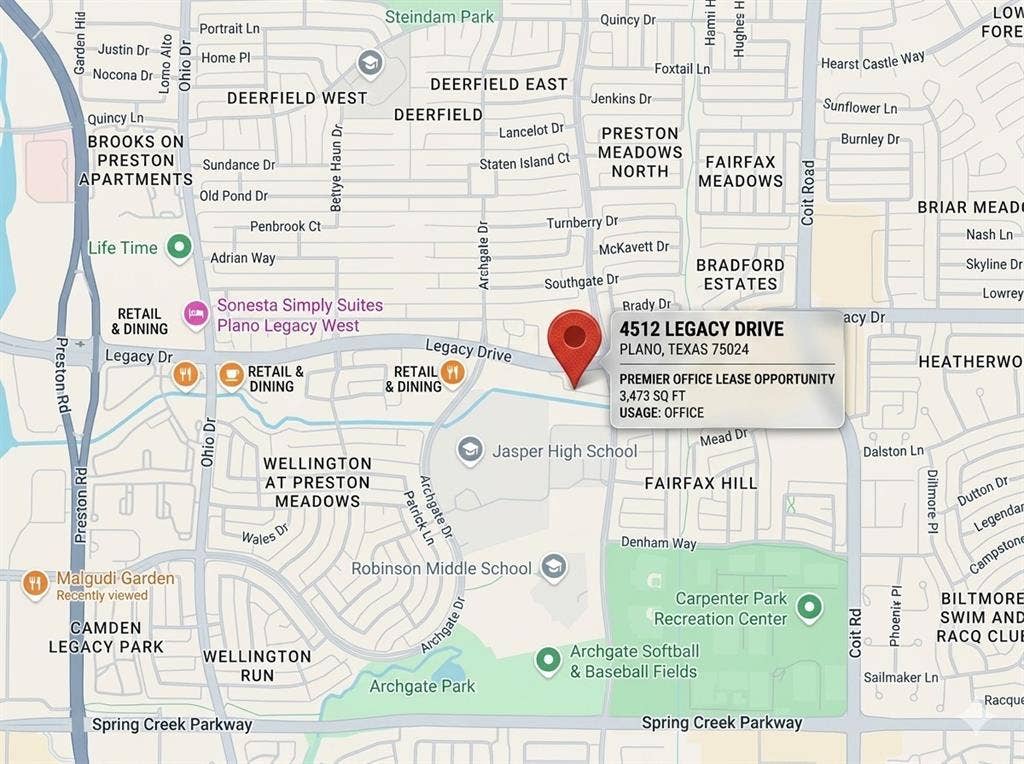 4512 Legacy Drive, #100, Plano, TX 75024 Location Map. Displaying the geographic position of the property at 4512 Legacy Drive, Plano, Texas, 75024, along with its square footage and usage classification