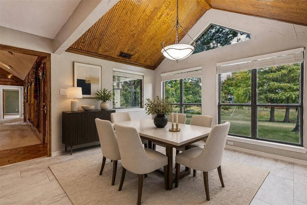 26 Lago Vista W, Wylie, TX 75098 Virtually Staged - Vaulted wood-paneled ceiling with exposed beam, large windows, transom window, and tile flooring