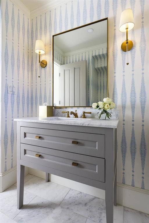 3637 Haynie Avenue, University Park, TX 75205 Powder bath with designer wallpaper and light fixtures