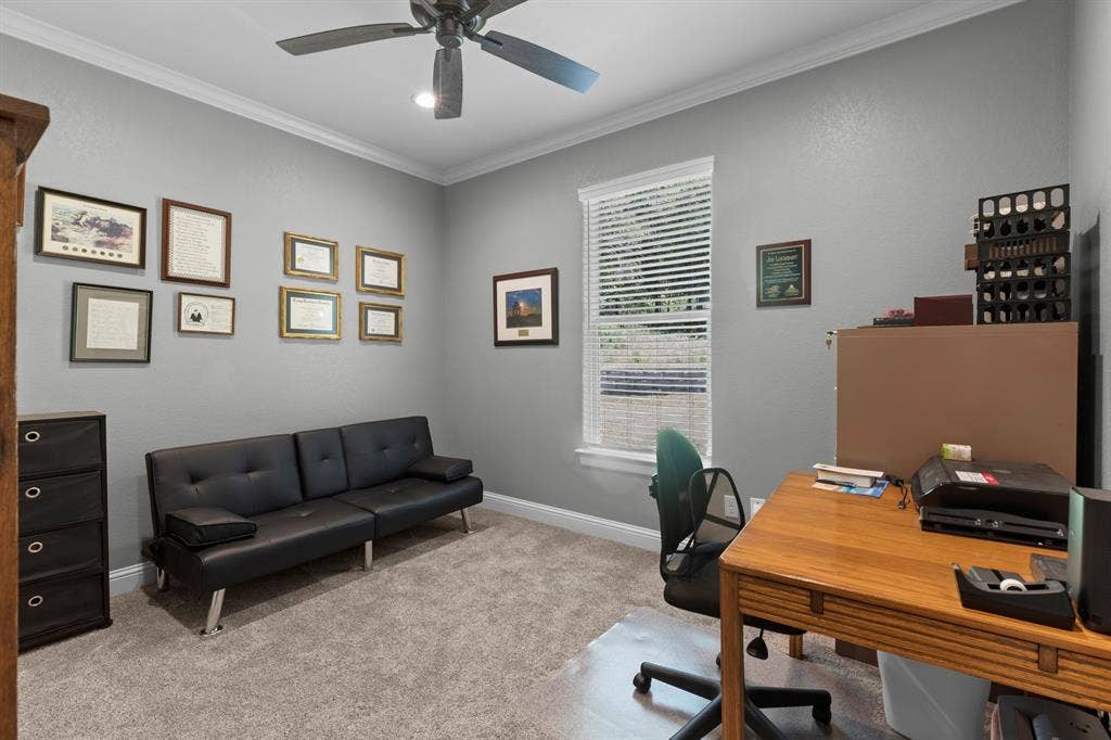 16713 Creek Bottom Court, Winona, TX 75792 Recessed lighting, crown molding, ceiling fan, and a double-paned window