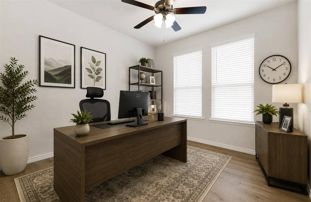 This versatile room view showcases durable wood-look flooring, bright double windows, and a classic ceiling fan fixture. Create an inspiring home office or a bright flex space that seamlessly adapts to your lifestyle needs. *Virtually Staged*