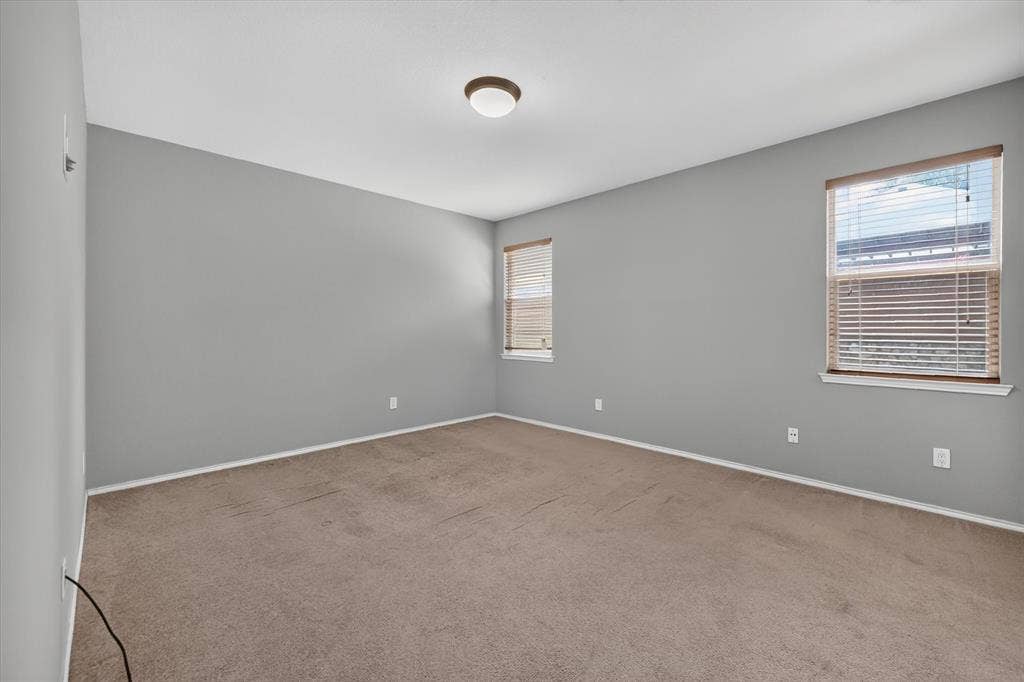 6513 Cartier Court, McKinney, TX 75072 Neutral tone wall paint, carpeted flooring, two windows with blinds, and a flush-mount ceiling light