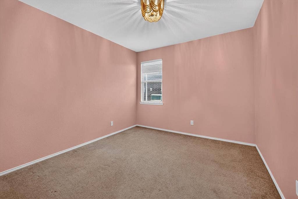 6513 Cartier Court, McKinney, TX 75072 Neutral carpet flooring, a single window with blinds, and an overhead light fixture