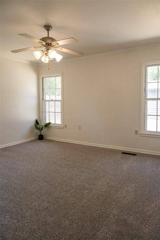 3807 Huaco Lane, Waco, TX 76710 Neutral wall color, gray carpeting, ceiling fan with integrated lighting, and multiple windows