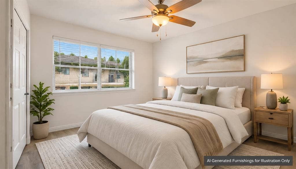 4011 Cole Avenue, #111, Dallas, TX 75204 AI staging of primary bedroom with large window and ceiling fan.