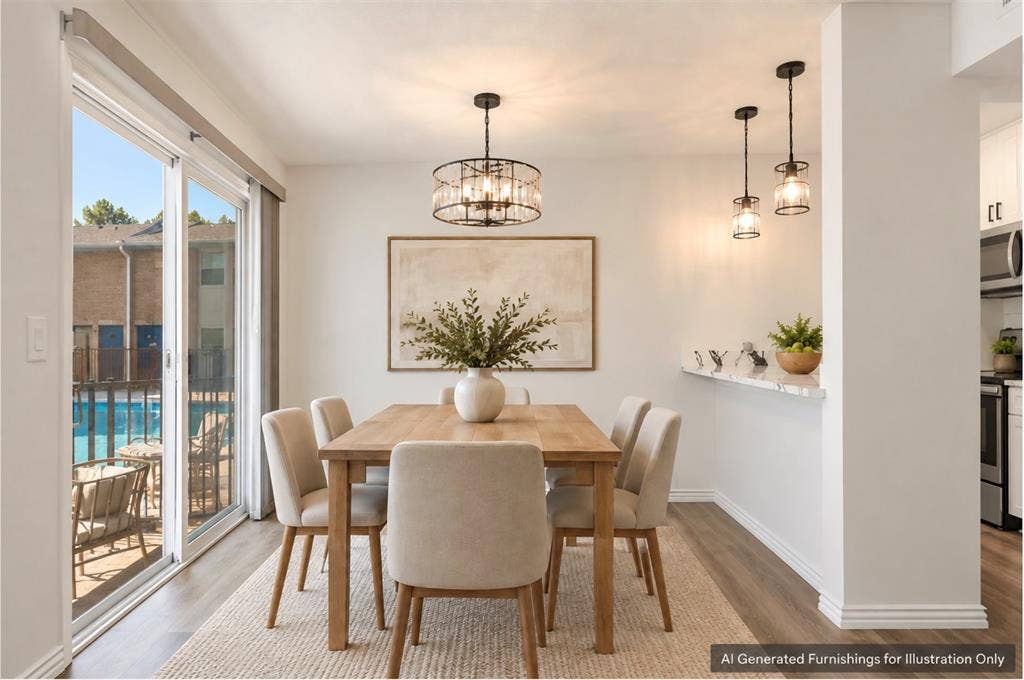 4011 Cole Avenue, #111, Dallas, TX 75204 AI staging of dining area overlooking the community pool and courtyard.