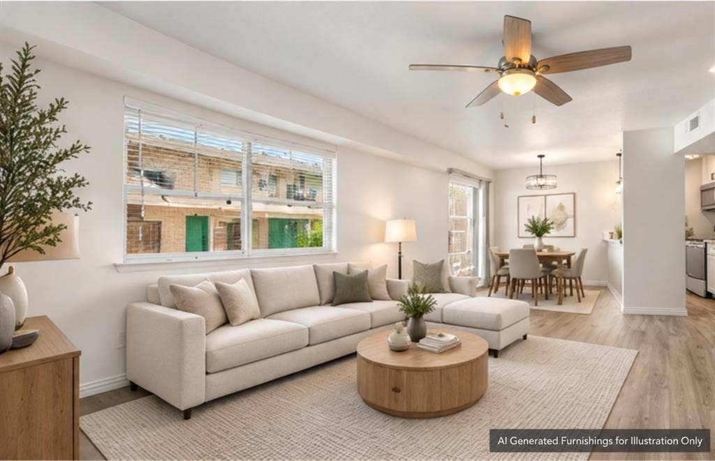 4011 Cole Avenue, #111, Dallas, TX 75204 AI furnished living room from the front entry into the open living area.